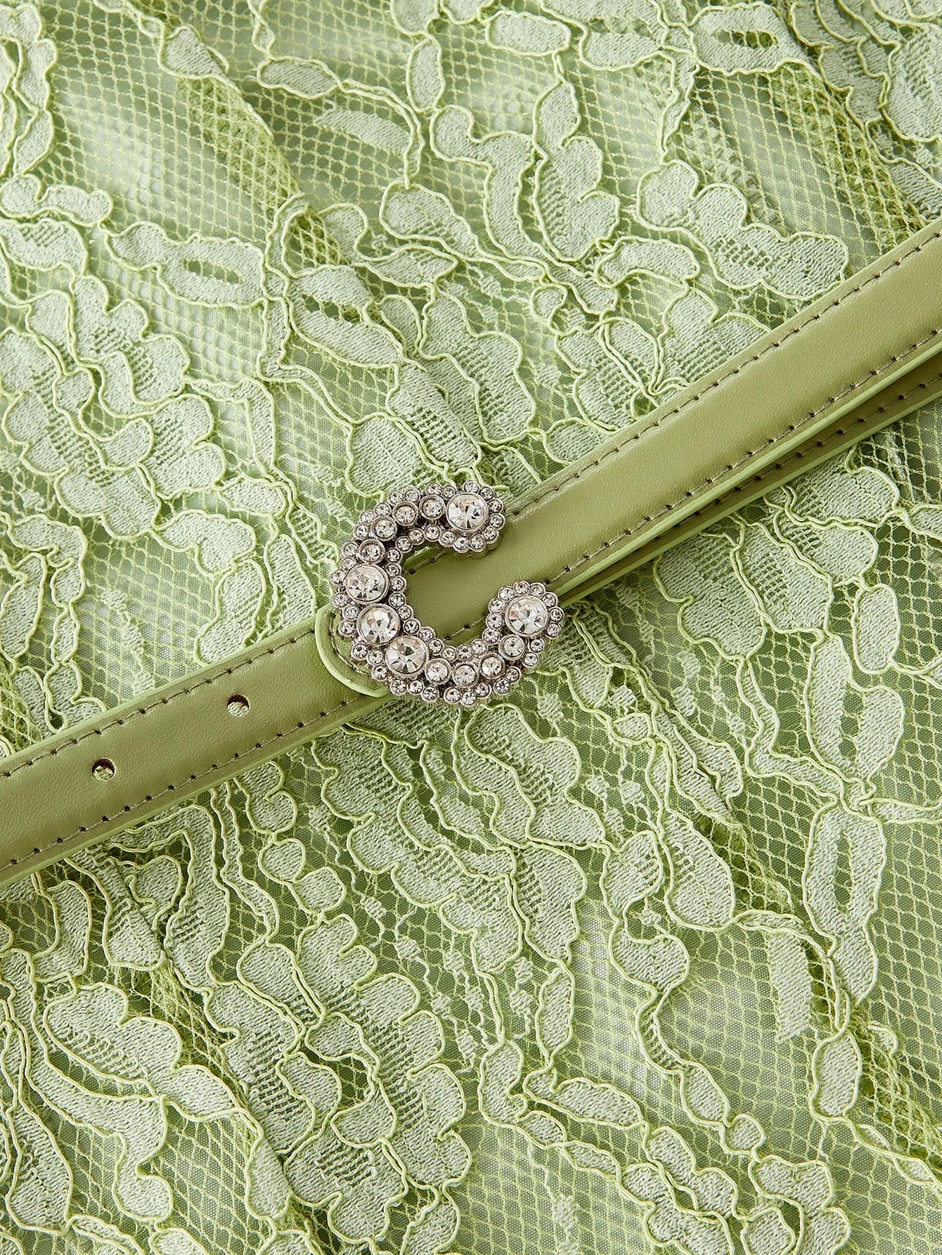 LACE OVERLAY RHINESTONE DETAIL FLARE HEM DRESS WITH BELT