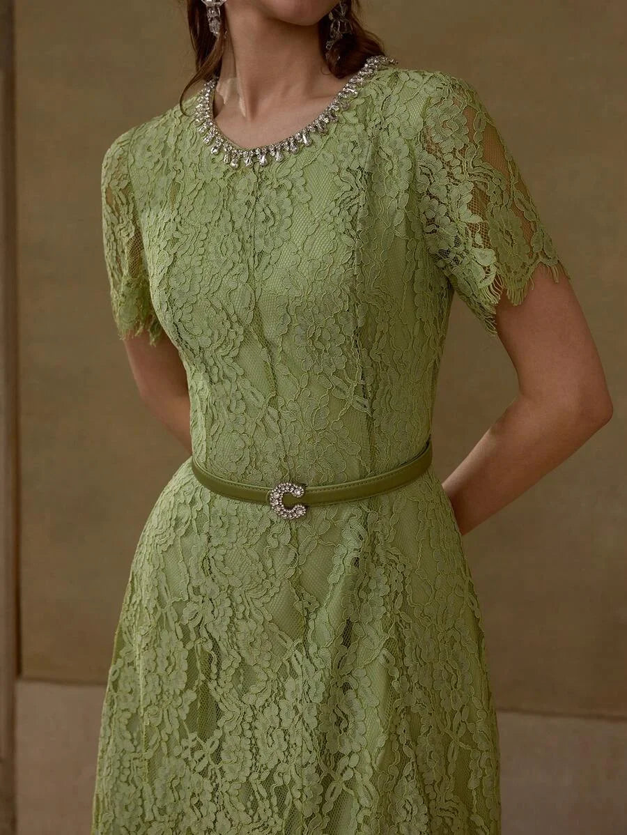 LACE OVERLAY RHINESTONE DETAIL FLARE HEM DRESS WITH BELT