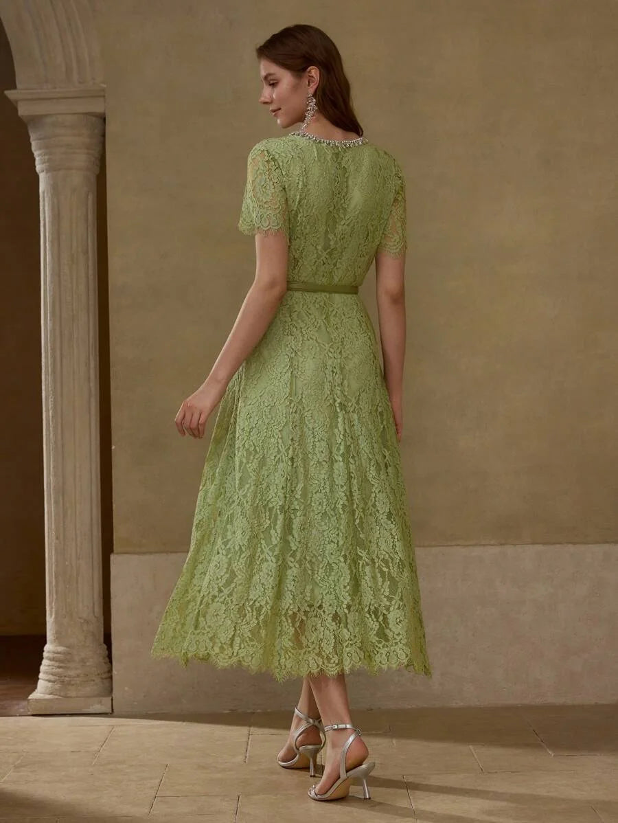 LACE OVERLAY RHINESTONE DETAIL FLARE HEM DRESS WITH BELT