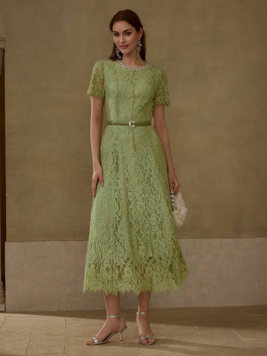 LACE OVERLAY RHINESTONE DETAIL FLARE HEM DRESS WITH BELT