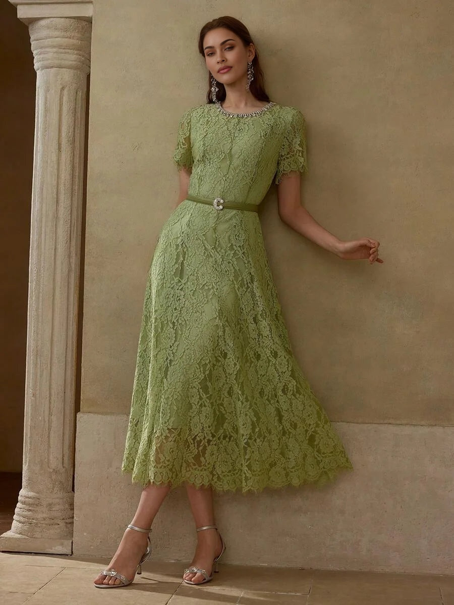 LACE OVERLAY RHINESTONE DETAIL FLARE HEM DRESS WITH BELT