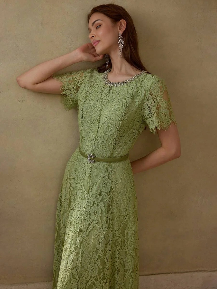 LACE OVERLAY RHINESTONE DETAIL FLARE HEM DRESS WITH BELT