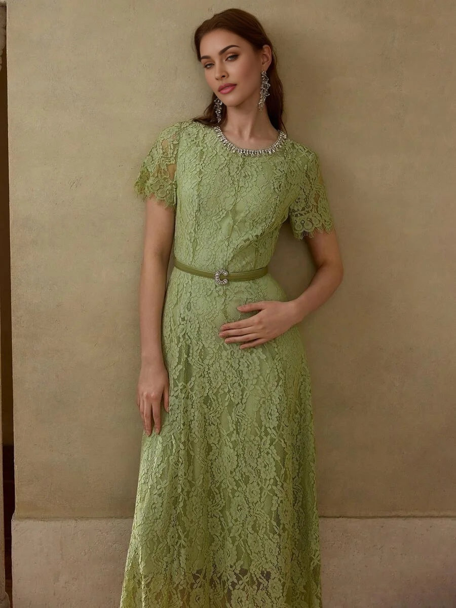 LACE OVERLAY RHINESTONE DETAIL FLARE HEM DRESS WITH BELT