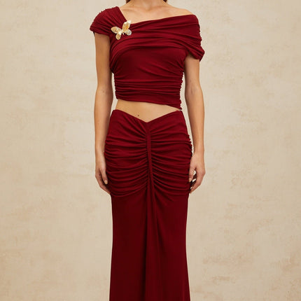 Lacey Red Top Skirt Set Ruched Butterfly Brooch