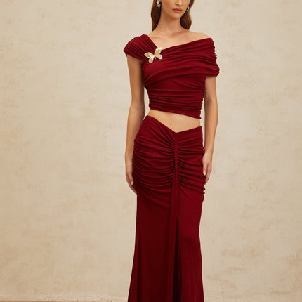 Lacey Red Top and Skirt Set Ruched Butterfly Brooch