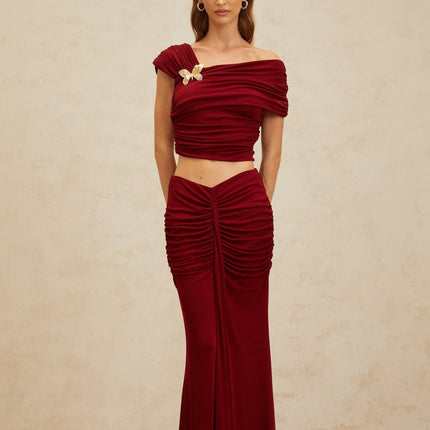 Lacey Red Top Skirt Set Ruched Butterfly Brooch