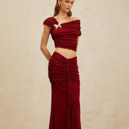 Lacey Red Top Skirt Set Ruched Butterfly Brooch