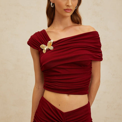 Lacey Red Top Skirt Set Ruched Butterfly Brooch