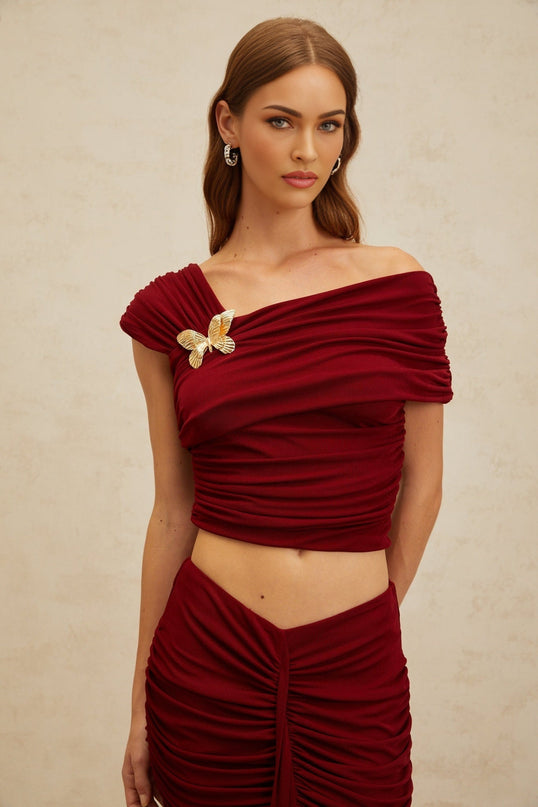 Lacey Red Top Skirt Set Ruched Butterfly Brooch