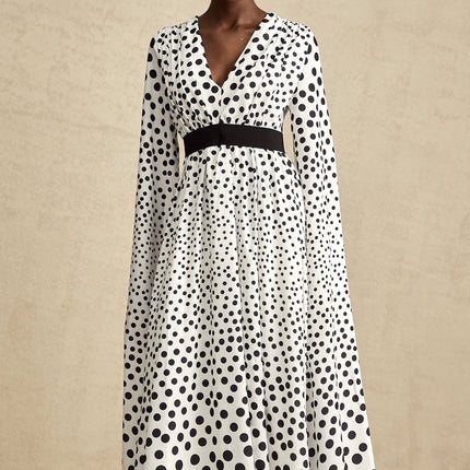 Lacey White Polka Dot Midi Dress with Slit Sleeves and V-Neck