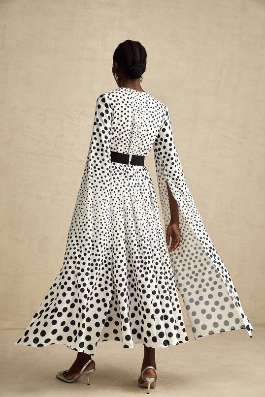 Lacey White Polka Dot Midi Dress 80% Rayon 20% Silk V-Neck Slit Sleeves Cinched Waist Rear Zip Fastening