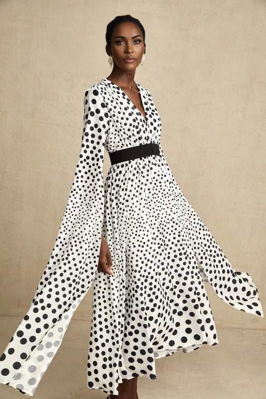 Lacey White Polka Dot Midi Dress with Slit Sleeves and V-Neck
