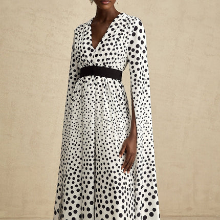 Lacey White Polka Dot Midi Dress with Slit Sleeves and V-Neck