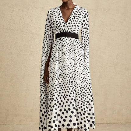 Lacey White Polka Dot Midi Dress with Slit Sleeves and V-Neck