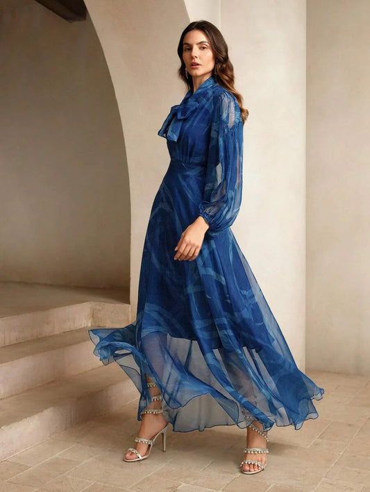 Ladies Delicate Klein Blue Ribbon Printed Dress Maxi Women Outfit