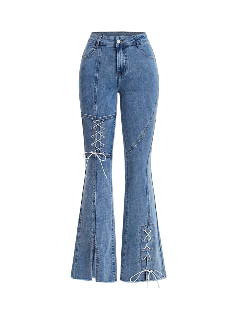 Ladies Fashionable Denim Jeans With Tie Design Slit And Slim Fit