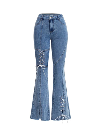 Ladies Fashionable Denim Jeans With Tie Design Slit And Slim Fit