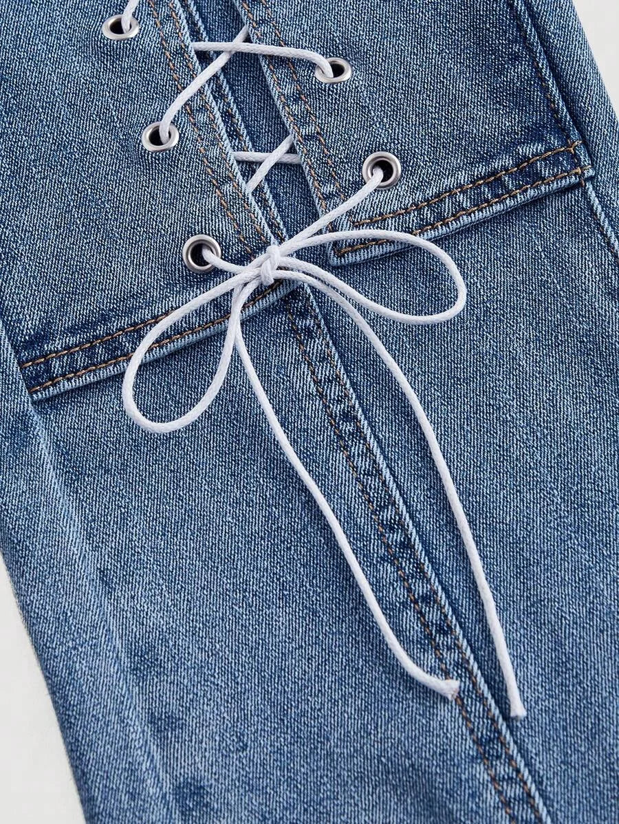 Ladies Fashionable Denim Jeans With Tie Design Slit And Slim Fit