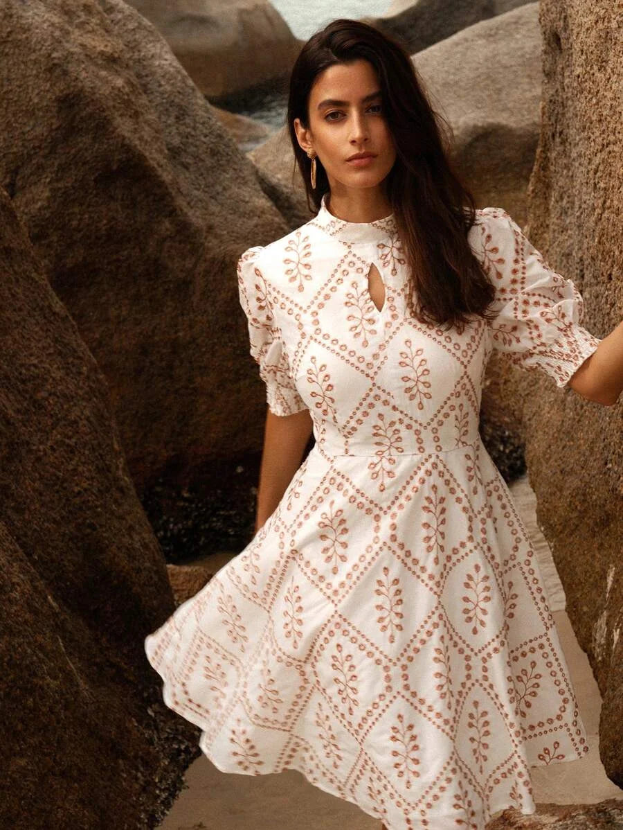 Ladies Fashionable Round Neck Middle Sleeve ALine Dress With Cinched Waist