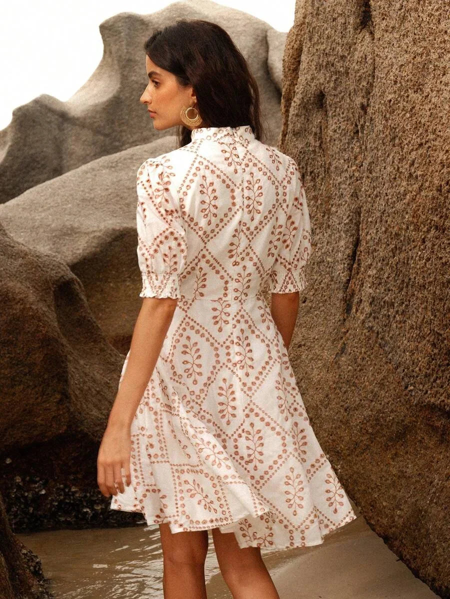 Ladies Fashionable Round Neck Middle Sleeve ALine Dress With Cinched Waist