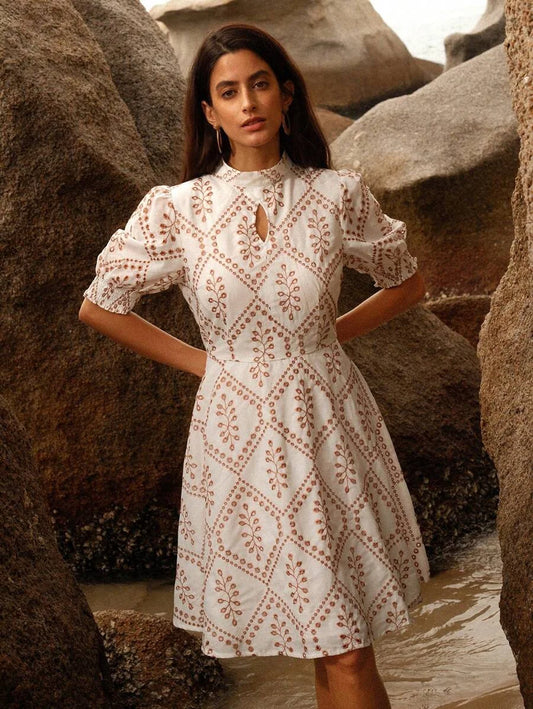 Ladies Fashionable Round Neck Middle Sleeve ALine Dress With Cinched Waist