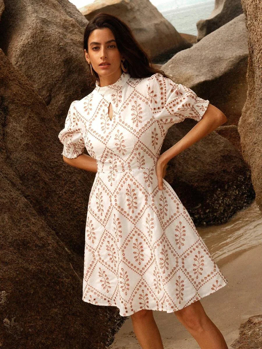 Ladies Fashionable Round Neck Middle Sleeve ALine Dress With Cinched Waist
