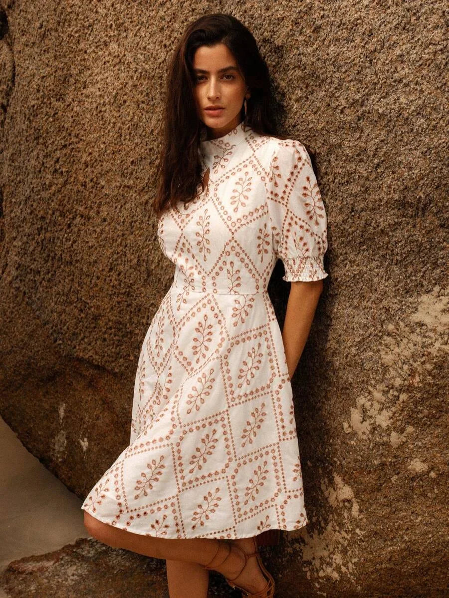 Ladies Fashionable Round Neck Middle Sleeve ALine Dress With Cinched Waist