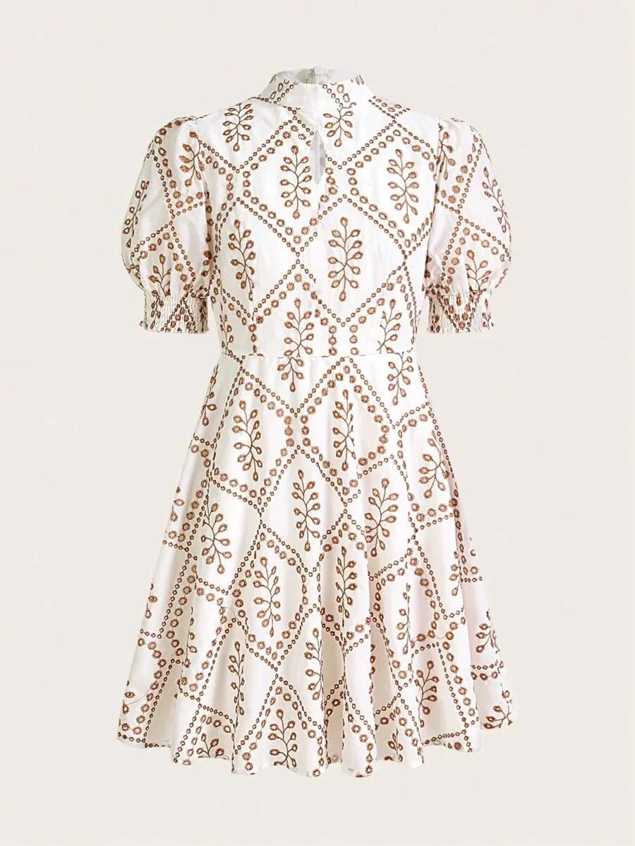 Ladies Fashionable Round Neck Middle Sleeve ALine Dress With Cinched Waist