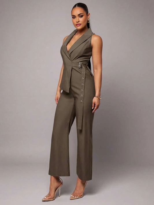 Ladies Grey Asymmetric Lapel Tied Waist Jumpsuit amp Pant Set Elegant OfficeCommute Wear