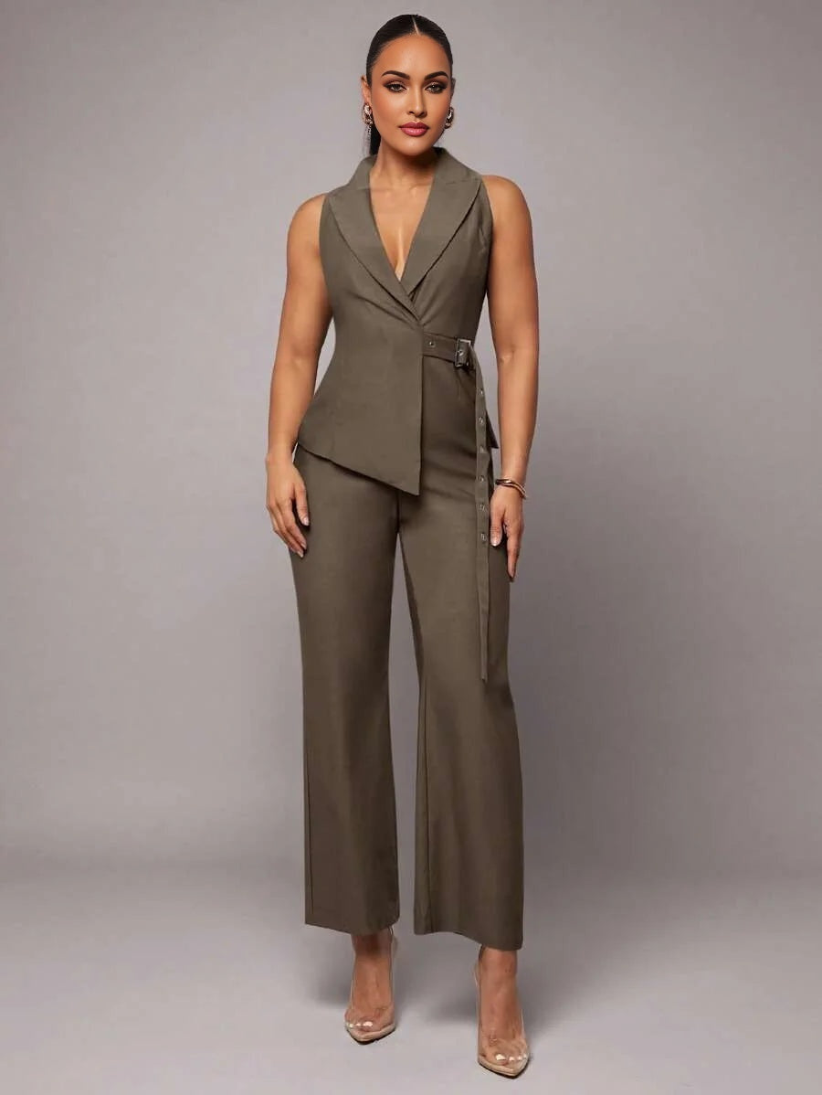 Ladies Grey Asymmetric Lapel Tied Waist Jumpsuit amp Pant Set Elegant OfficeCommute Wear