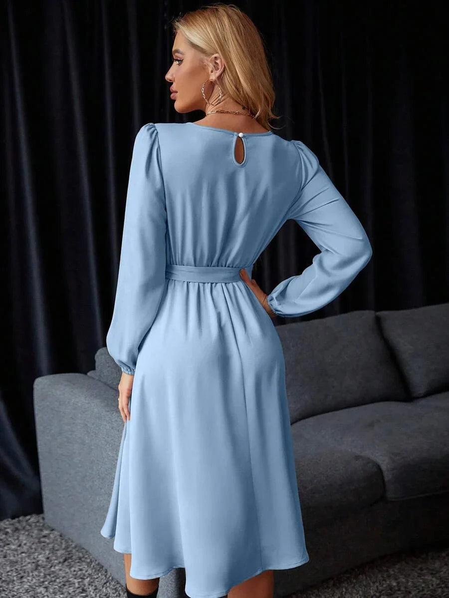 Ladies Lace Sleeves Pleated Waist Dress