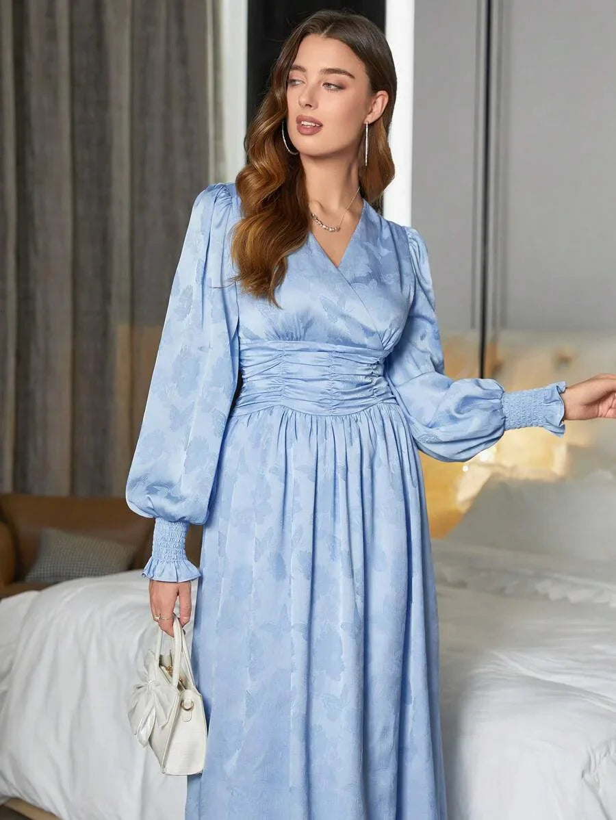 Ladies Lace Sleeves Pleated Waist Dress