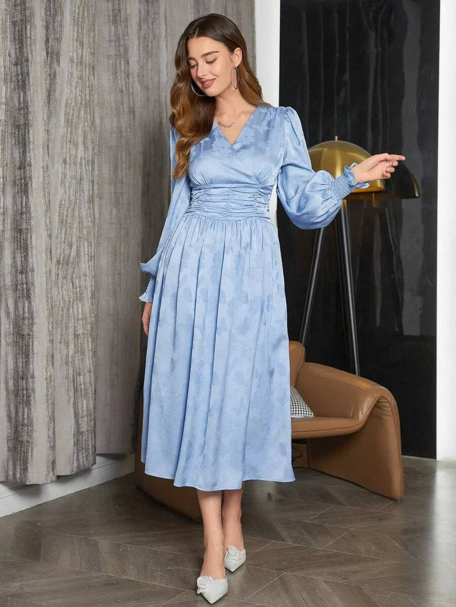 Ladies Lace Sleeves Pleated Waist Dress