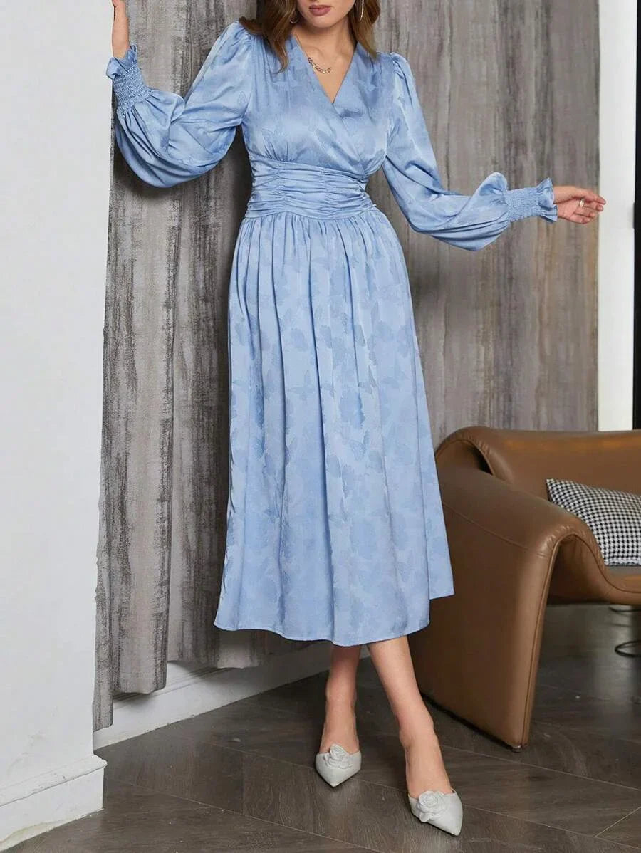 Ladies Lace Sleeves Pleated Waist Dress