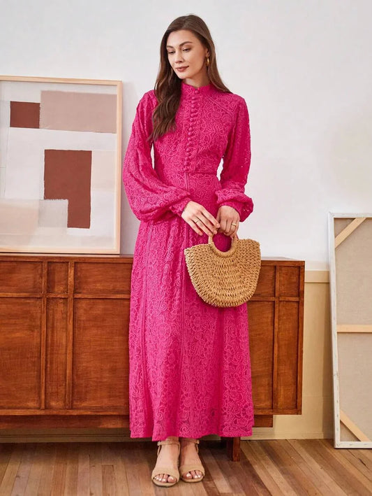 Ladies Long Sleeve Lace Rose Pink Dress Maxi Women Outfit