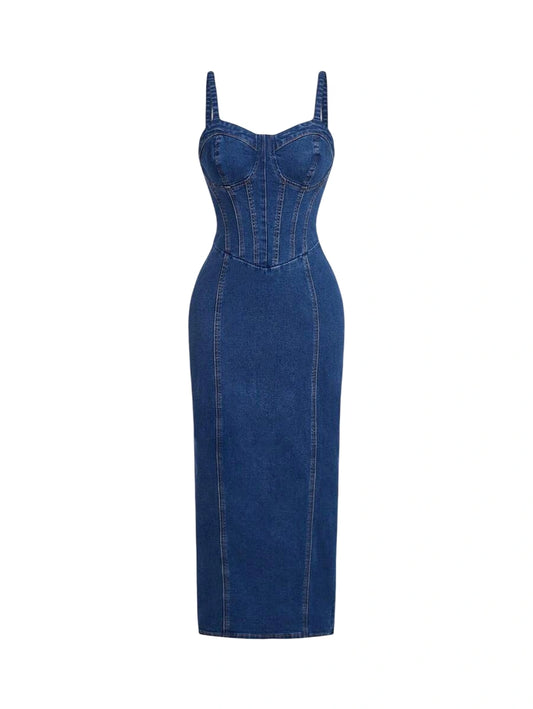 Ladies Solid Color Back Zipper Denim Jumpsuit With Spaghetti Straps