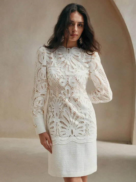 Ladies Spring amp Autumn Elegant Solid Color Lace Contrast Mini DressLadies Elegant Zipper Long