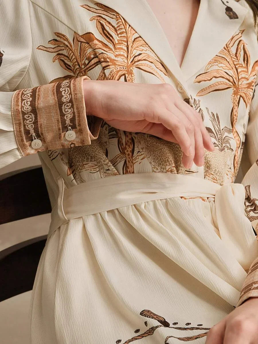 Ladies Spring And Summer HighEnd Coconut Tree Fashionable And Elegant Printed Elegant Long Sleeved