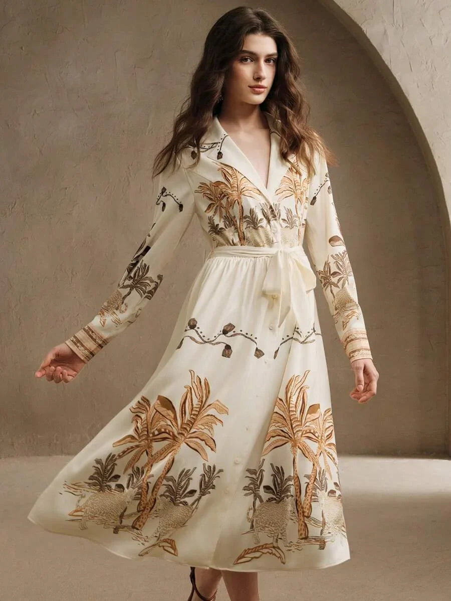 Ladies Spring And Summer HighEnd Coconut Tree Fashionable And Elegant Printed Elegant Long Sleeved