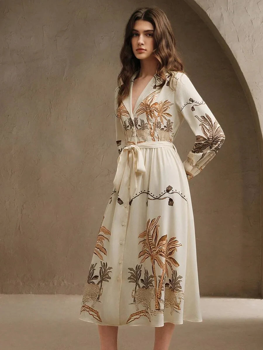 Ladies Spring And Summer HighEnd Coconut Tree Fashionable And Elegant Printed Elegant Long Sleeved