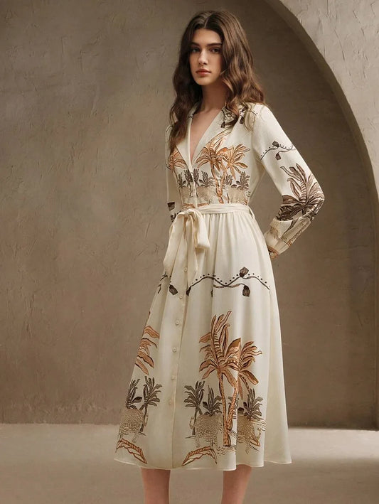 Ladies Spring And Summer HighEnd Coconut Tree Fashionable And Elegant Printed Elegant Long Sleeved