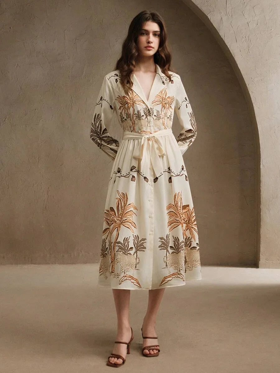 Ladies Spring And Summer HighEnd Coconut Tree Fashionable And Elegant Printed Elegant Long Sleeved