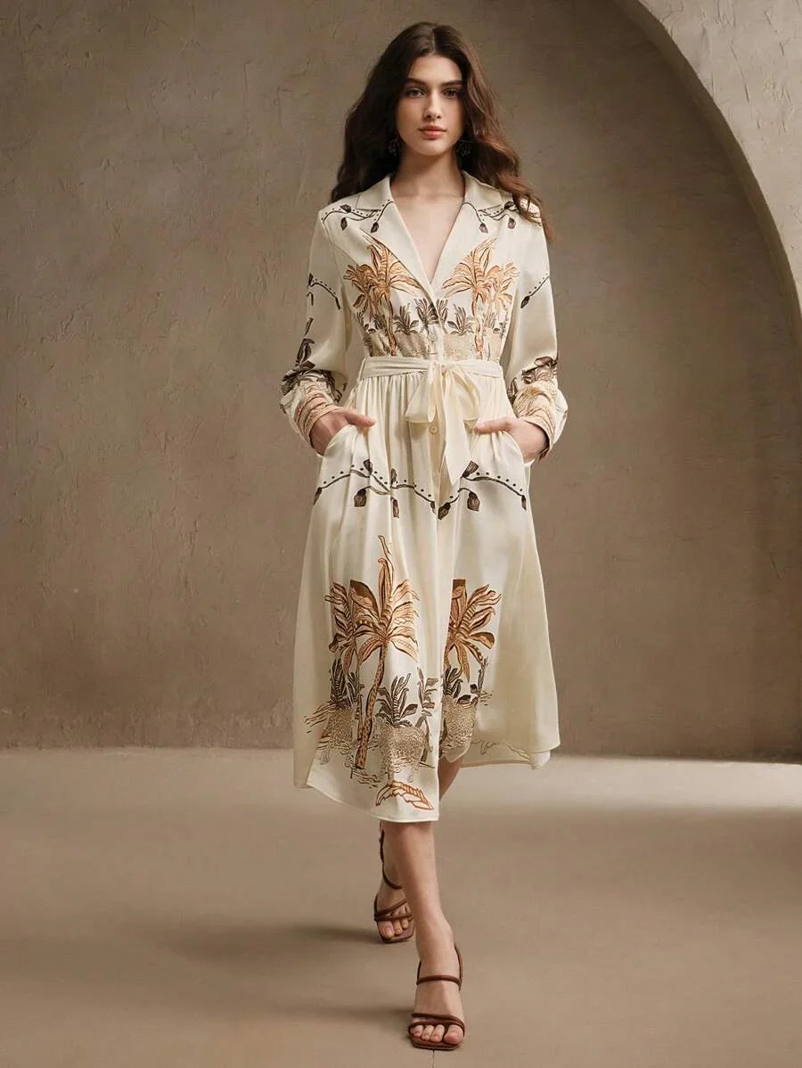 Ladies Spring And Summer HighEnd Coconut Tree Fashionable And Elegant Printed Elegant Long Sleeved