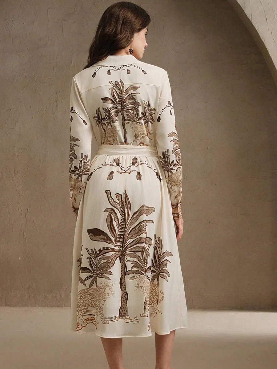 Ladies Spring And Summer HighEnd Coconut Tree Fashionable And Elegant Printed Elegant Long Sleeved