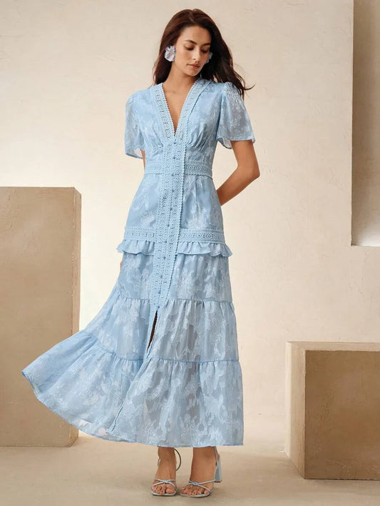 Ladies SpringSummer Music Festival Bohemian Short Sleeved Lace Splicing Blue Elegant Dress