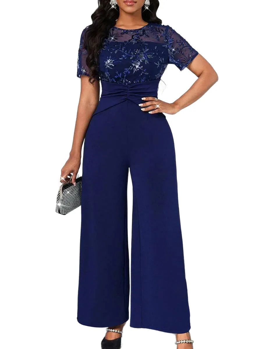 Lady Navy Blue Patchwork Design Jumpsuit New Years Wear Party ShortSleeved Jumpsuit Elegant Wedding
