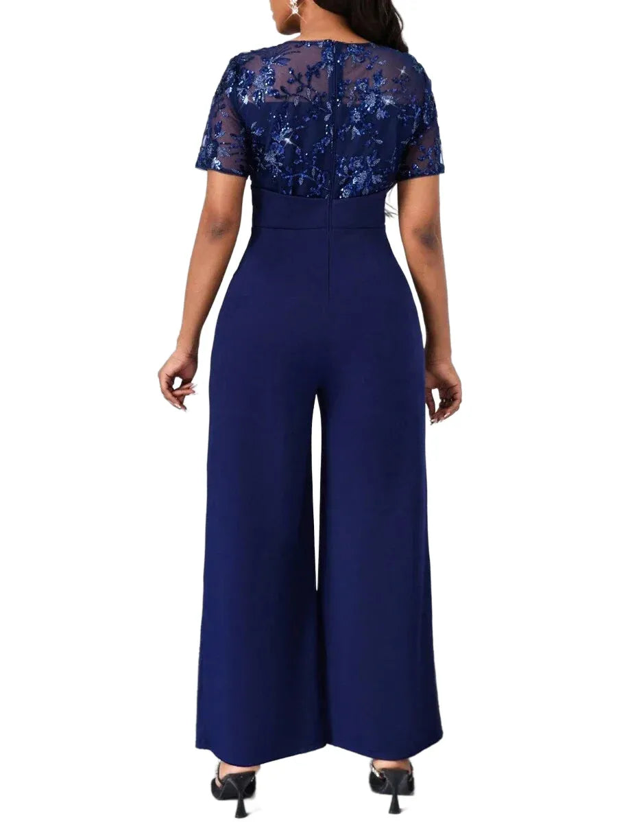 Lady Navy Blue Patchwork Design Jumpsuit New Years Wear Party ShortSleeved Jumpsuit Elegant Wedding