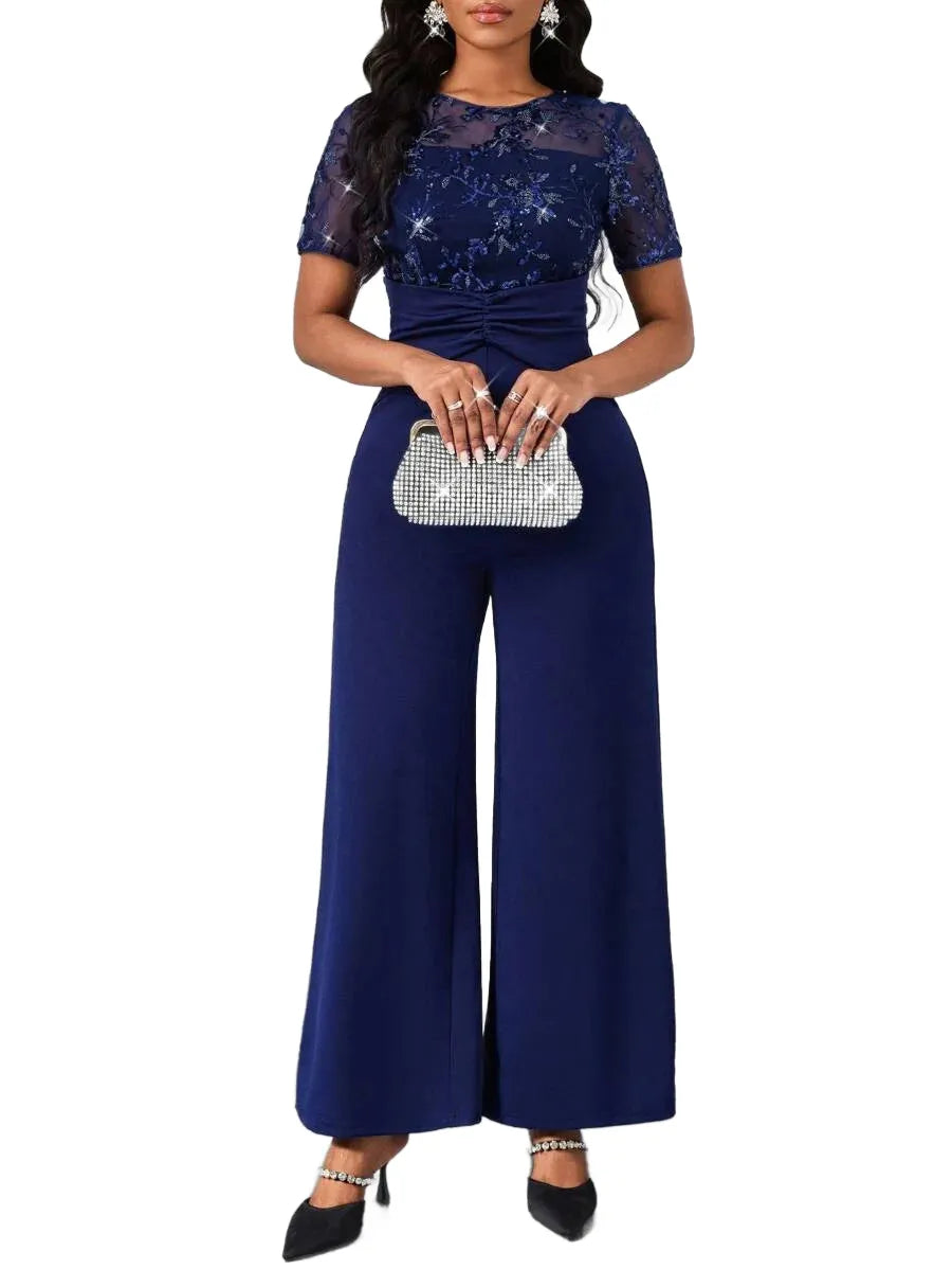 Lady Navy Blue Patchwork Design Jumpsuit New Years Wear Party ShortSleeved Jumpsuit Elegant Wedding