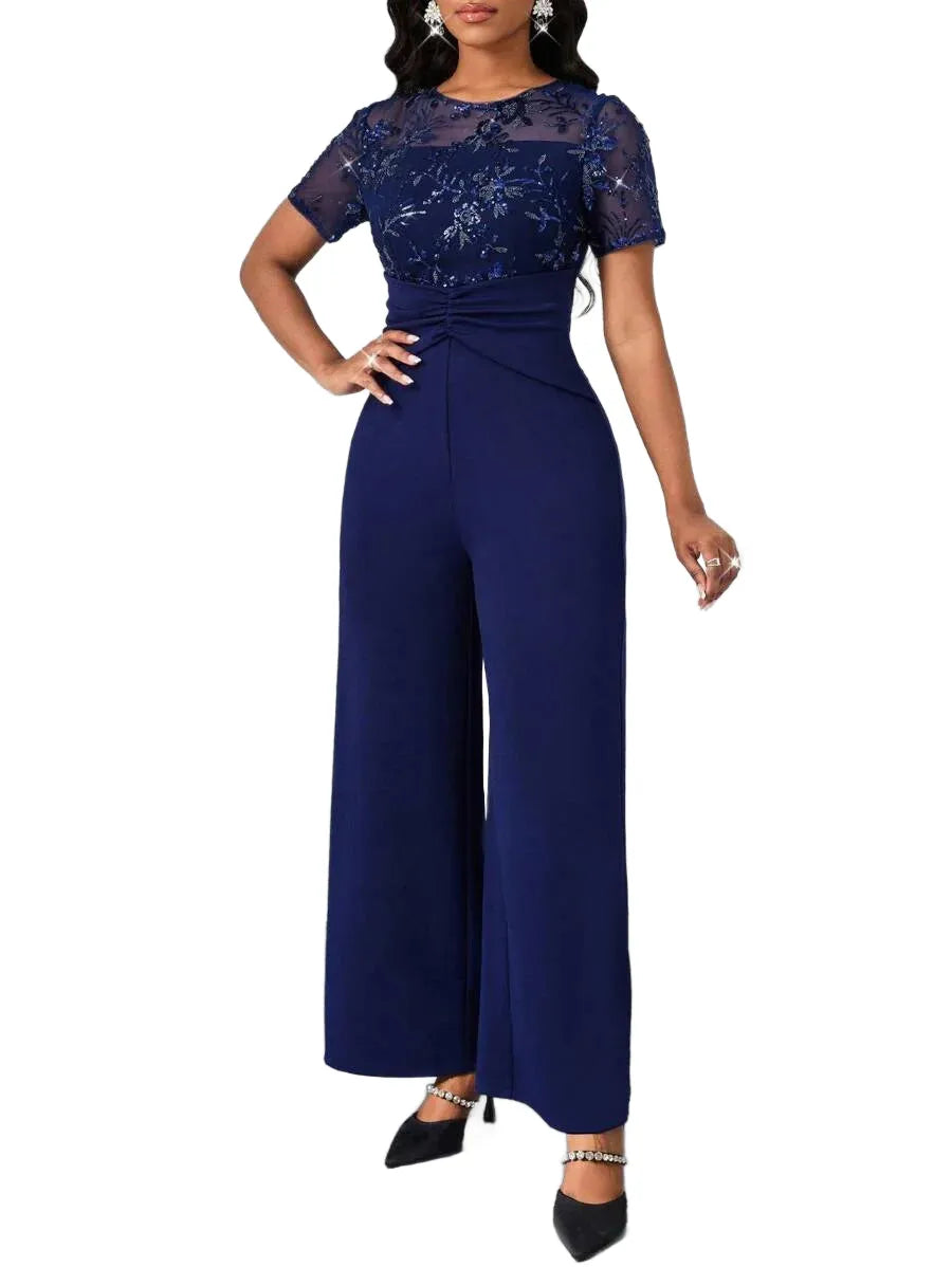 Lady Navy Blue Patchwork Design Jumpsuit New Years Wear Party ShortSleeved Jumpsuit Elegant Wedding