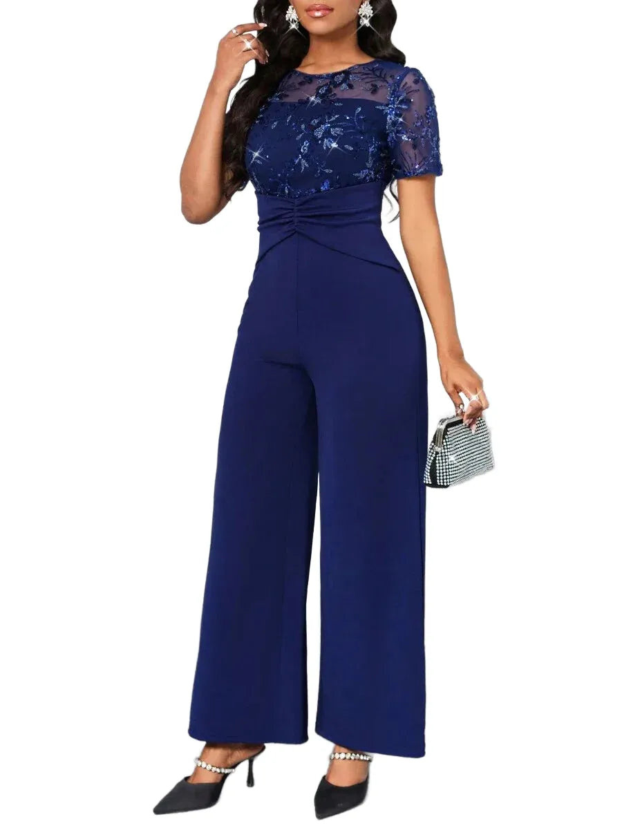 Lady Navy Blue Patchwork Design Jumpsuit New Years Wear Party ShortSleeved Jumpsuit Elegant Wedding